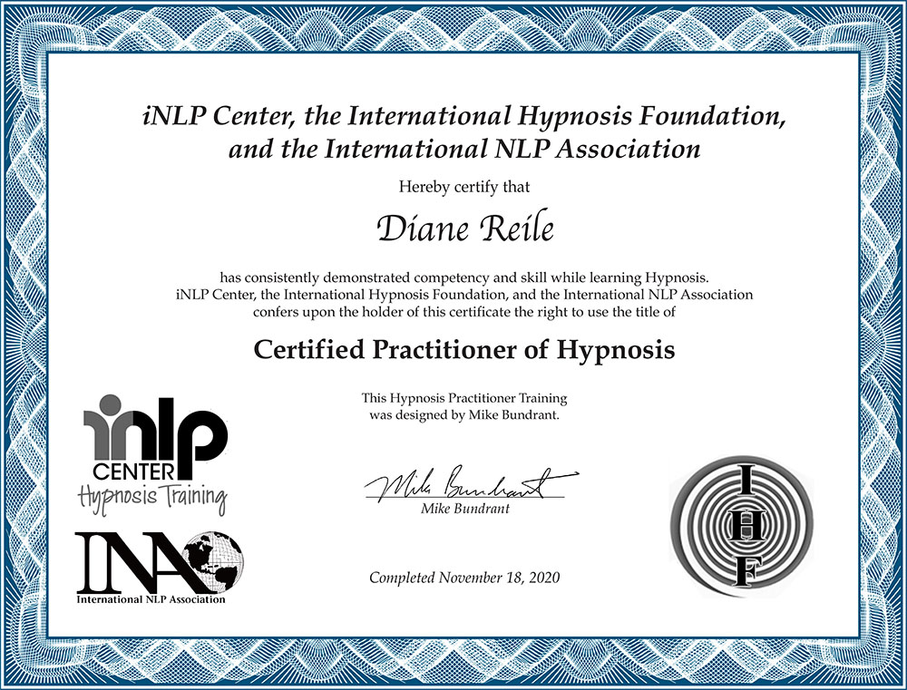 Certificate for Diane Reile as Practitioner of Hypnosis